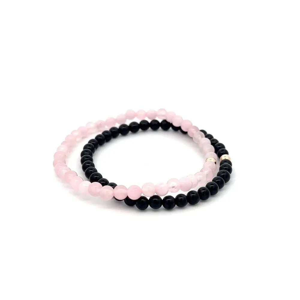 Onyx & Rose Quartz Gemstone Stretch Bracelet with 14K Gold Accent Bead Handmade - Picture 5 of 6